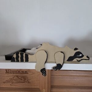 Wooden Raccoon Shelf Decor Hand Made 9x3